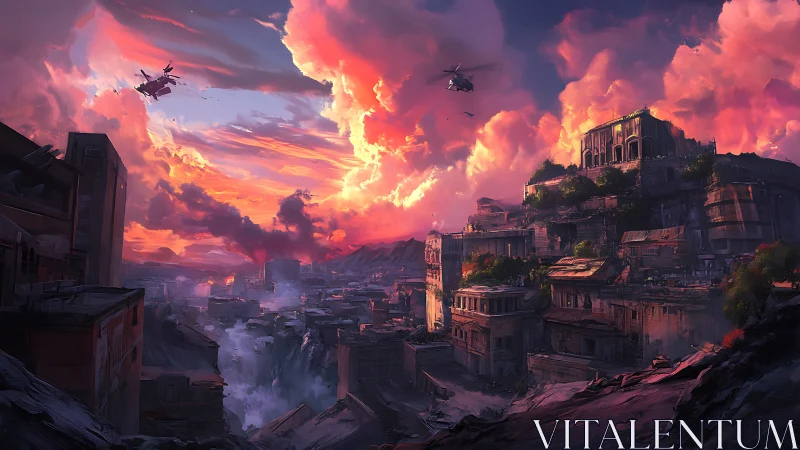 Helicopters over tiered city at dense sunset sky.