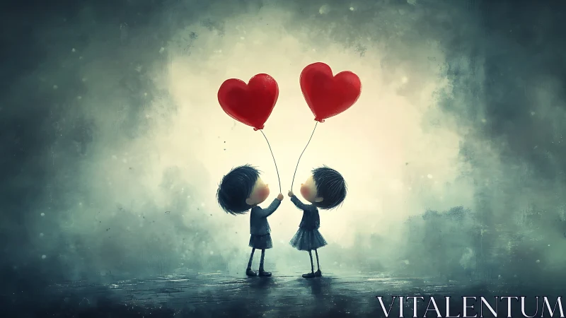 Two figures holding red heart-shaped balloons in misty atmosphere