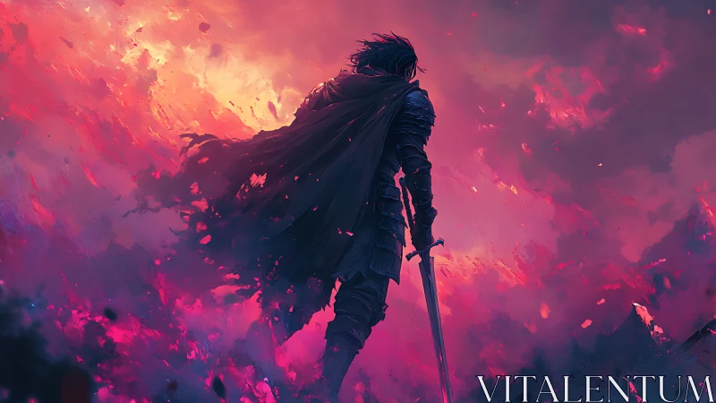 Lone armored warrior faces burning sky in crimson storm