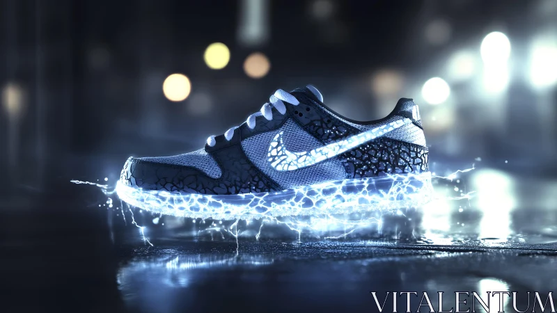 Futuristic glowing sneaker on wet street, digital art style.