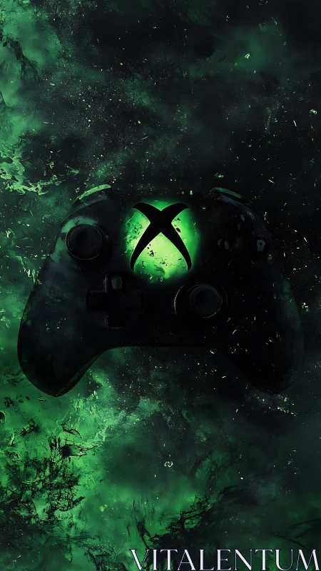 Luminous green game controller emerges from dark cosmic smoke.