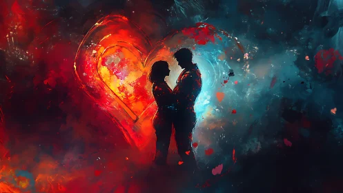 Silhouetted couple embracing luminous heart in ethereal fire and ice environment.