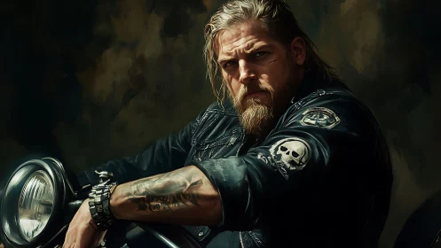 Road-weary rebel rider brooding beneath storm-dark skies.