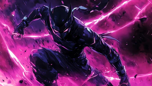 Masked figure advances through magenta energy streaks