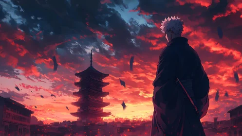 Figure observes pagoda skyline beneath dense red cloud cover