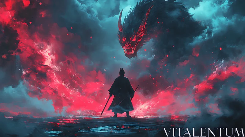 Storm-lit samurai faces infernal dragon in roaring neon skies.