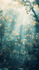 Sunlit wildflowers in misty teal forest bokeh atmosphere.