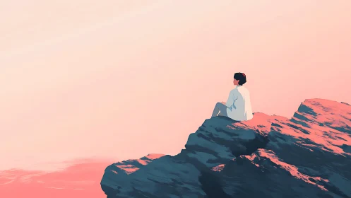 Solitary observer on stratified cliff under diffuse pink sky.