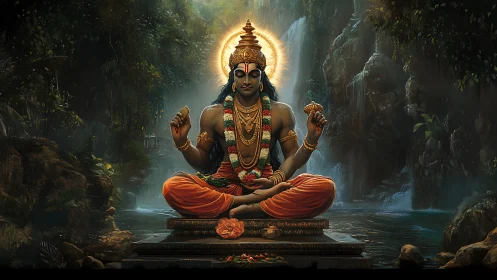 Digital rendering shows seated deity figure in forest setting