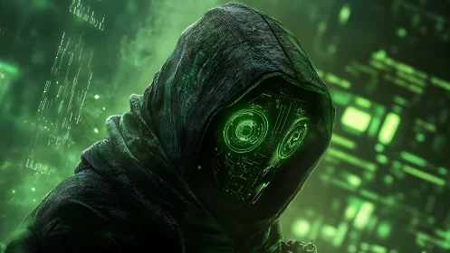 Cybernetic hooded hacker peers through neon green digital haze.