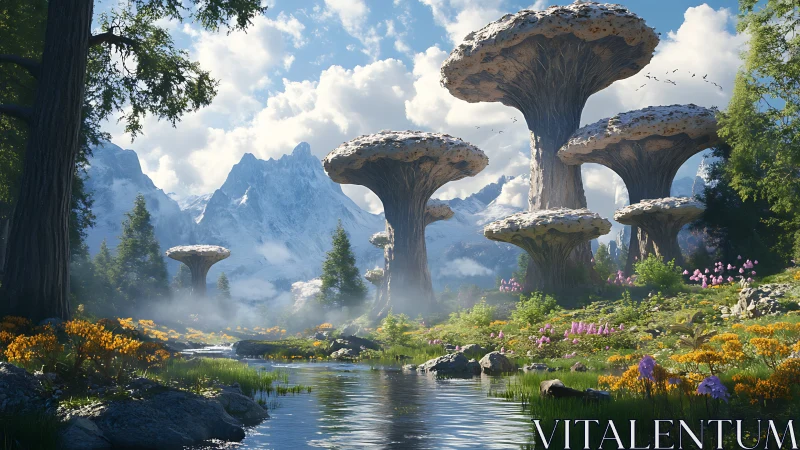 Towering mushroom forests rise above a tranquil alpine river.