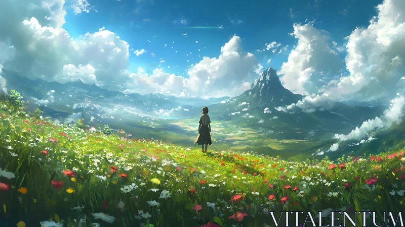 Solitary figure facing vast mountain valley under bright sky.