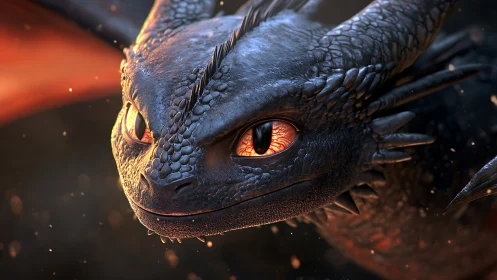 Gentle dragon gazes forward with glowing, curious eyes