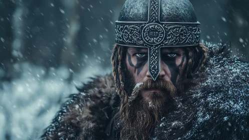 Battle-hardened Viking warrior in ornate winter helm portrait.