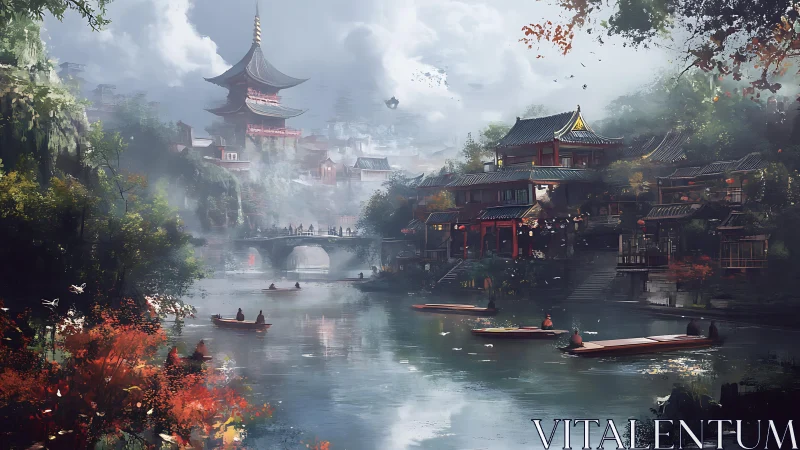 River mist braids pagoda spires with drifting wooden boats