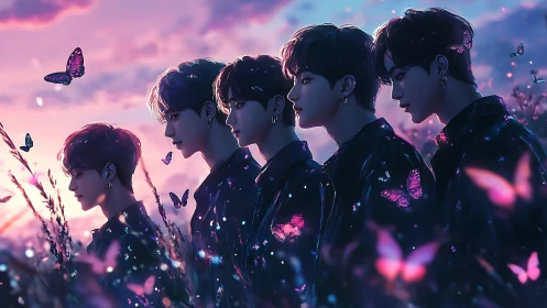 Five silhouetted youths stand in profile among glowing butterflies
