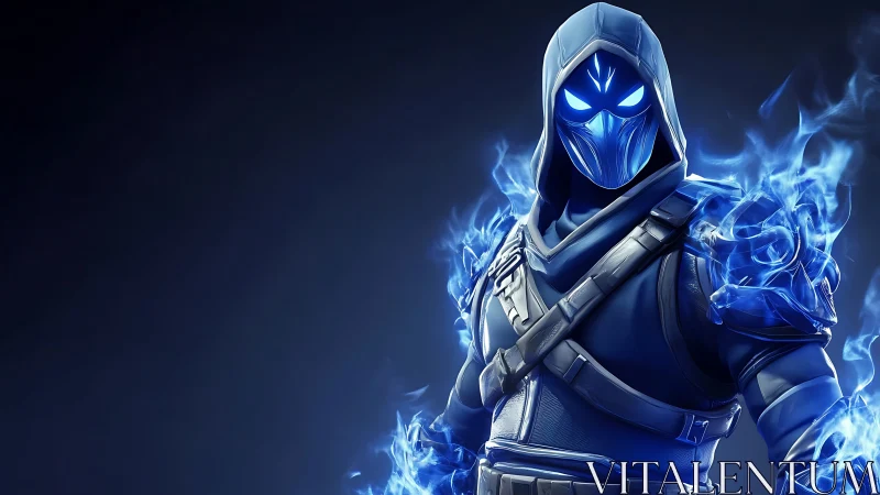Hooded cyber warrior radiates blue spectral flame energy
