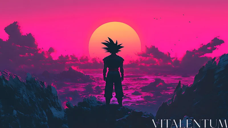 Silhouetted warrior analyzes neon magenta sunset over stylized sea