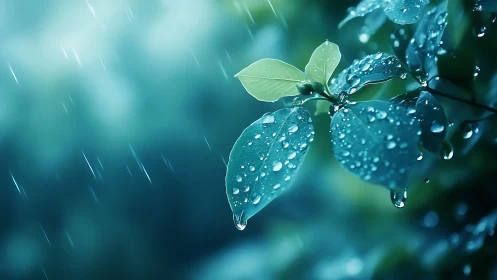 Rain-soaked green leaves with glistening water droplets.