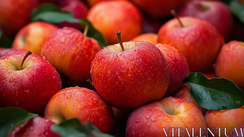 Glowing red apples with dewdrops in tight macro cluster.