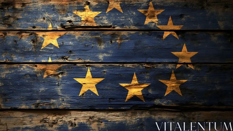 Weathered European flag emblem on distressed timber planks.