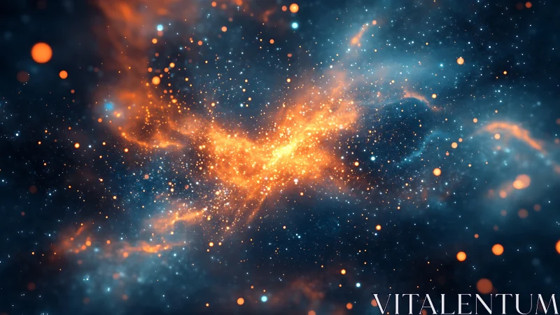 Stellar ember storm swirling through deep sapphire cosmos.