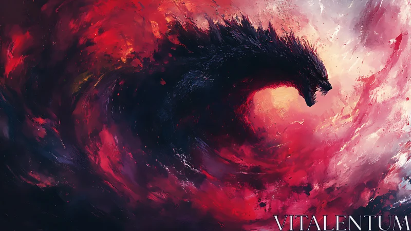 Dark kaiju silhouette curves through swirling red clouds