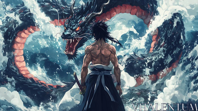 Dynamic samurai versus sea dragon in cinematic anime tableau.