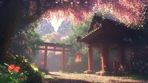 Sunlit shrine garden rests beneath blooming cherry trees.