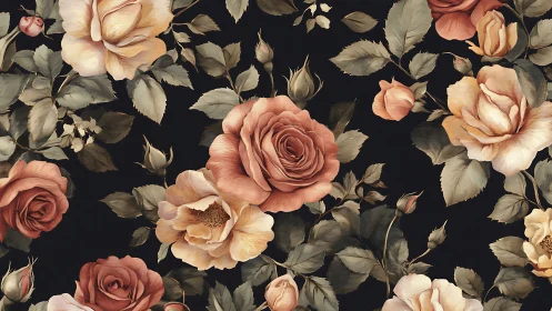 Vintage roses bloom against dark background with muted elegance