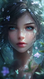 Digital portrait of blue-eyed girl amid flowers and light.