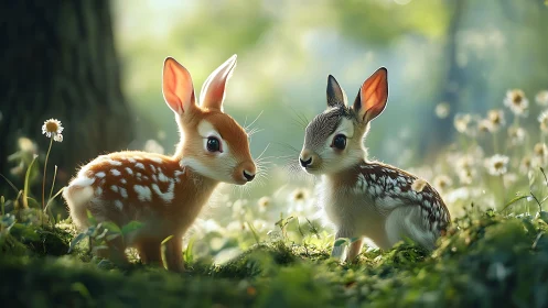 High-detail fawn pair rendered with shallow depth of field lighting