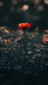 Single red rose illuminated against dark blurred garden background