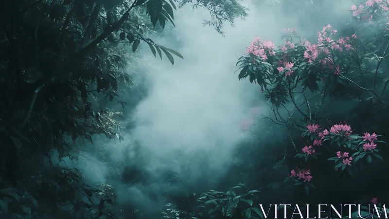 Misty Forest Landscape with Pink Flowering Shrubs.