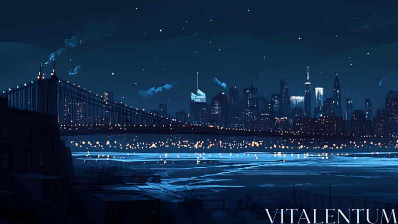 Nocturnal suspension bridge over luminous winter harbor.