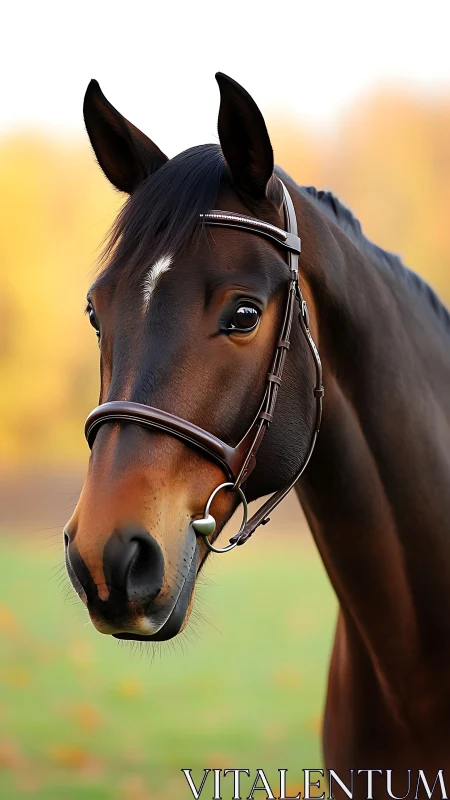 Photorealistic bay horse portrait with shallow depth of field.