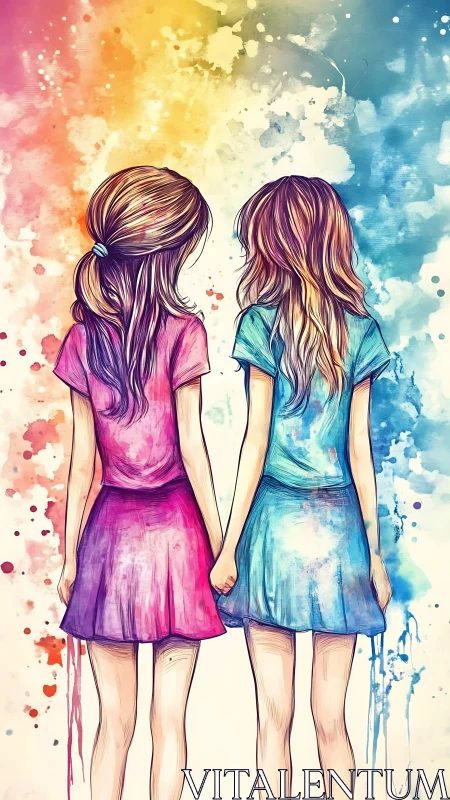 Watercolor sketch girls holding hands against rainbow wash.