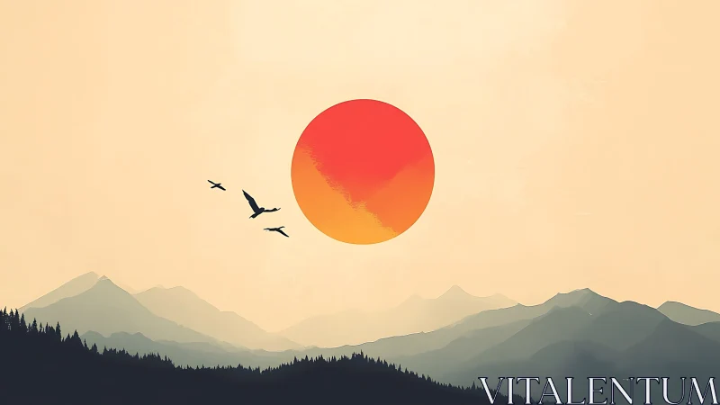 Minimalist gradient sun over layered alpine silhouettes