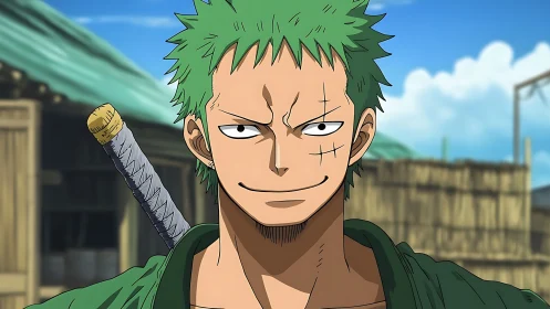 Green-haired swordsman stands confident in rustic village