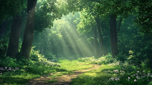 Sunlit Forest Path Where Wonder Awaits.