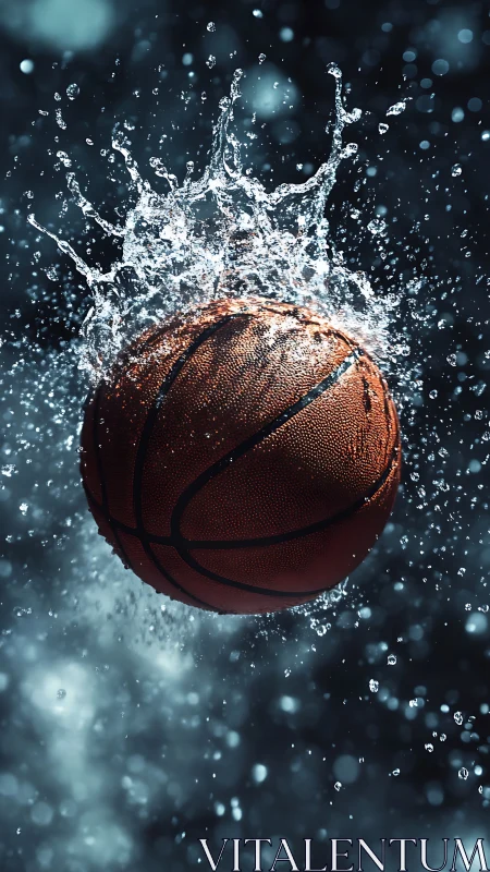 Basketball with dynamic water splash on dark background.