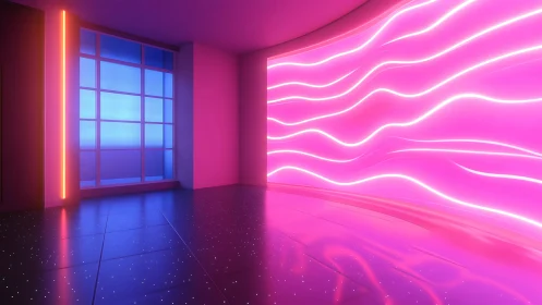 Neon illuminated interior corridor with curved light wall.