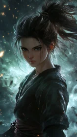 Resolute warrior stands amid swirling embers and mist