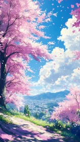 High-altitude cherry blossom overlook with luminous urban vista.