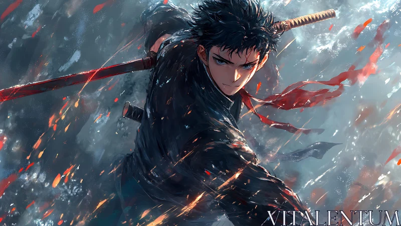 Storm-lit swordfighter poised between sparks and silence.