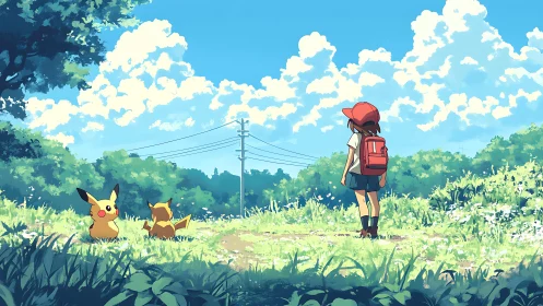 Anime summer field with backpack kid and yellow creatures.