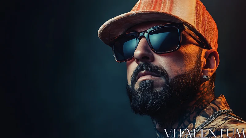 Male subject in cap and sunglasses under studio lighting.