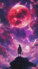 Stargazer beneath the crimson moon in a dream-bright sky.