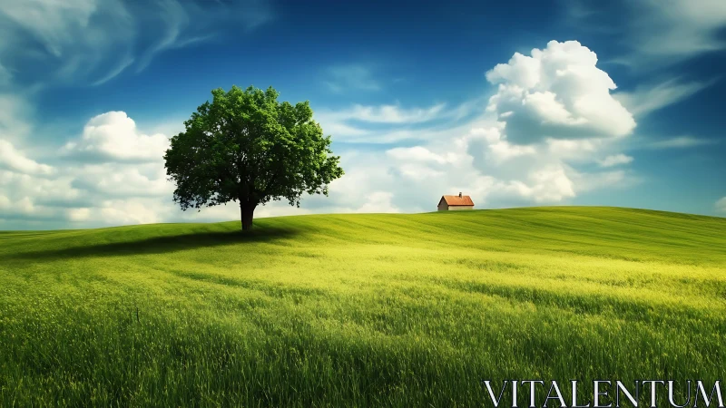 Solitary tree and distant house on rolling green field.