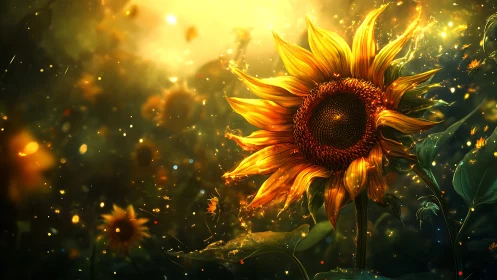 Luminous sunflower erupting in golden bokeh glow.